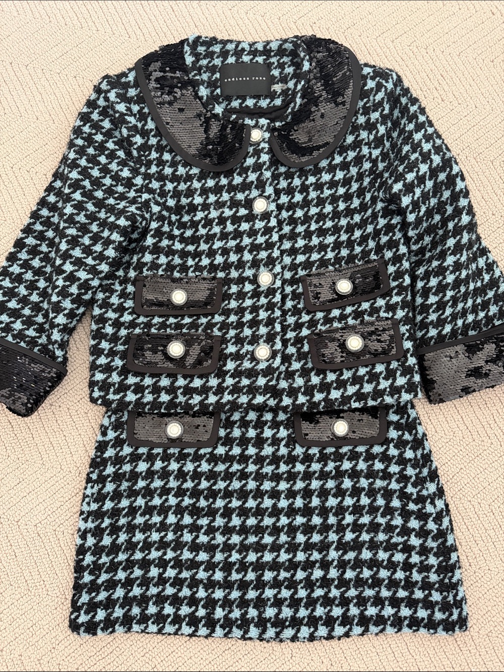 Endless Rose Black and Light Blue Houndstooth Mini Skirt Set